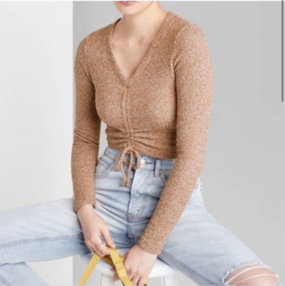🆕️ Wild Fable Plush Ruched Drawstring Front Cropped Sweater - Picture 2 of 12